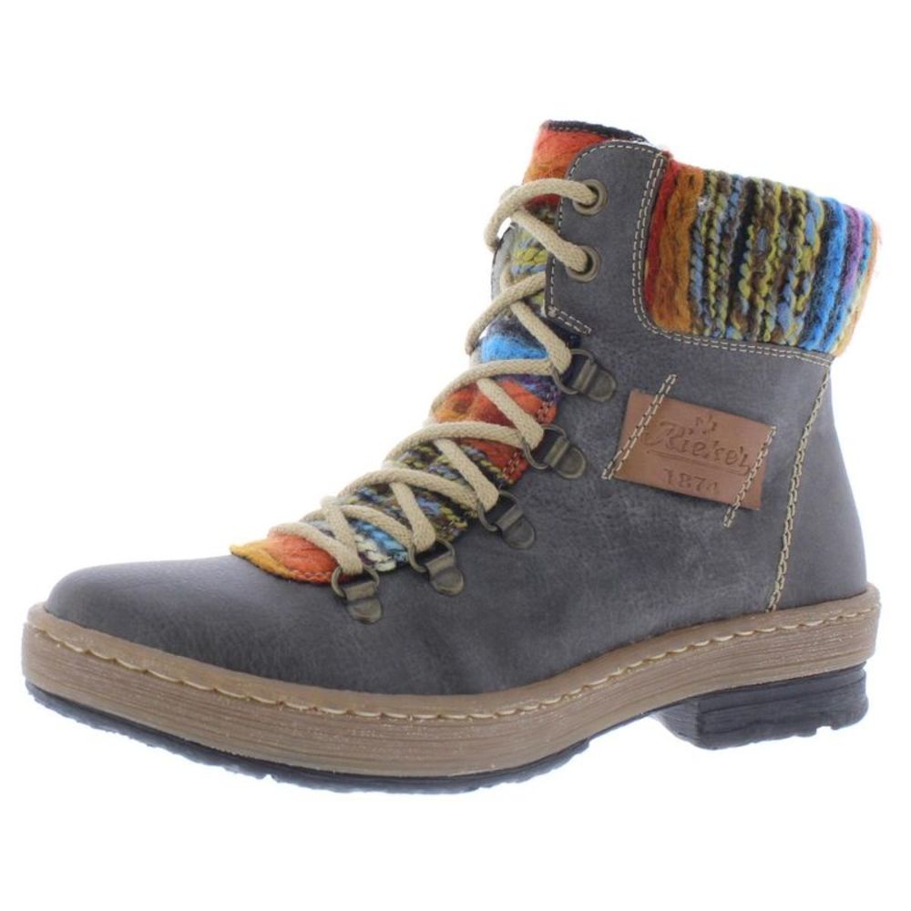 Rieker Gray Lace Up Boots with Multicolor Knit